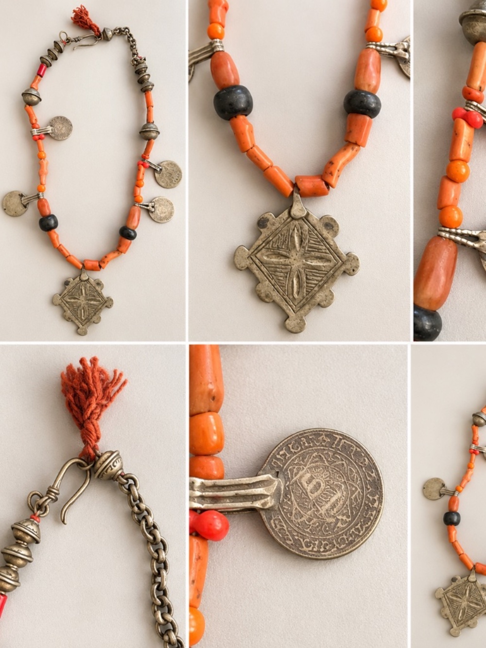 Moroccan Amazigh Berber Coin Necklace Orange Beaded Statement Jewelry